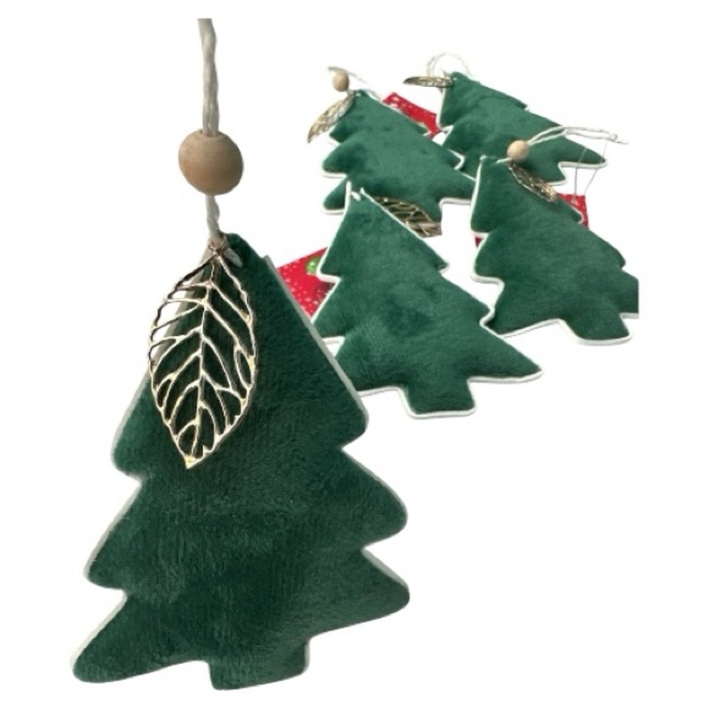 Set of 5 Green Christmas Tree Ornaments with Gold Leaf Accent